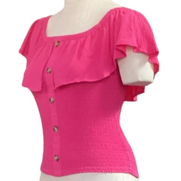 Express Ruffle Neck Smocked Top Button Accents S Pink 70X - Picture 5 of 10